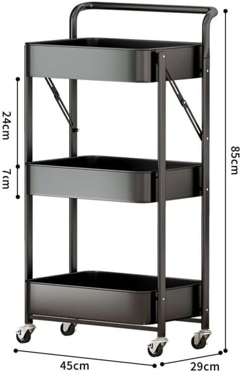 Storage Trolley Cart, 3 Tier Foldable Metal Rolling Organizer Cart with Casters, Mobile Utility Service Cart for Kitchen Bathroom Office Laundry (Black)