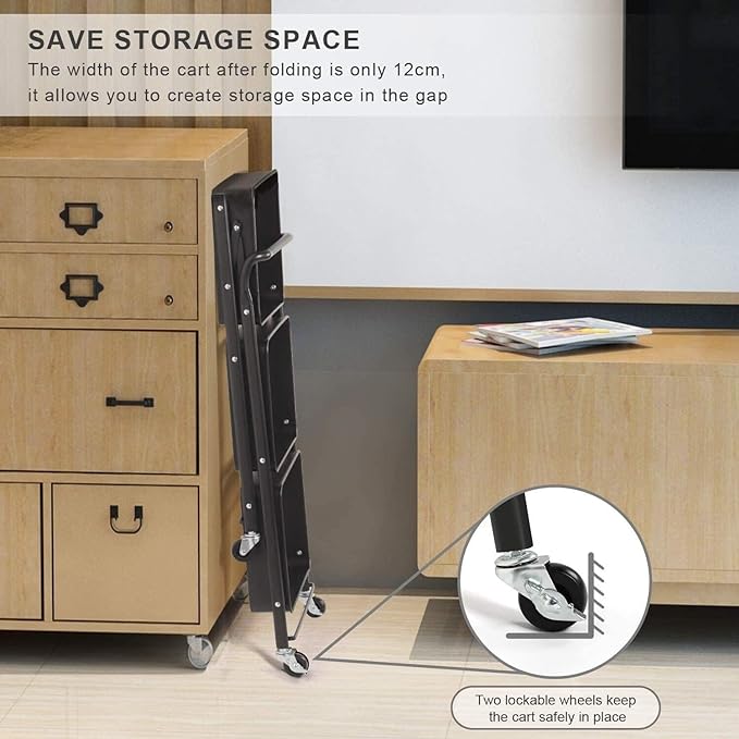 Storage Trolley Cart, 3 Tier Foldable Metal Rolling Organizer Cart with Casters, Mobile Utility Service Cart for Kitchen Bathroom Office Laundry (Black)