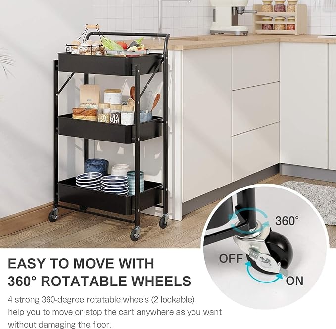 Storage Trolley Cart, 3 Tier Foldable Metal Rolling Organizer Cart with Casters, Mobile Utility Service Cart for Kitchen Bathroom Office Laundry (Black)