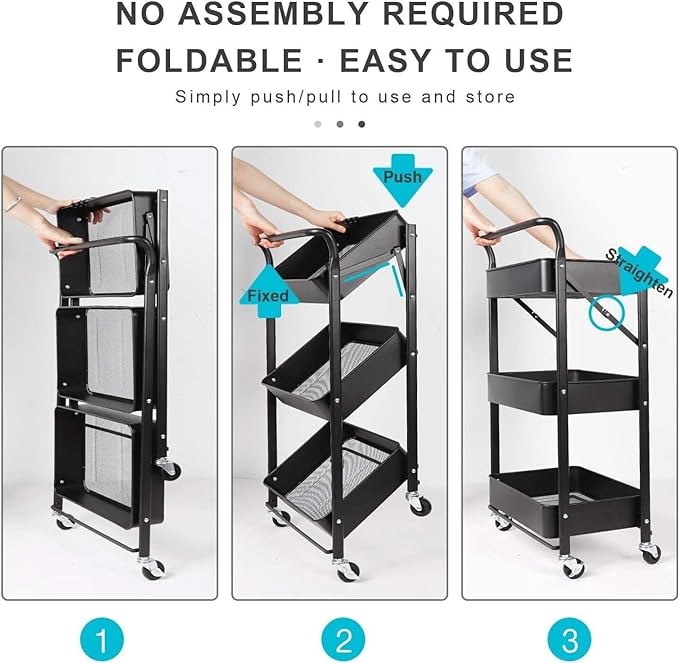 Storage Trolley Cart, 3 Tier Foldable Metal Rolling Organizer Cart with Casters, Mobile Utility Service Cart for Kitchen Bathroom Office Laundry (Black)
