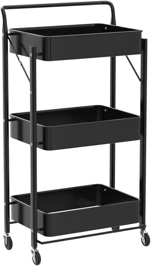 Storage Trolley Cart, 3 Tier Foldable Metal Rolling Organizer Cart with Casters, Mobile Utility Service Cart for Kitchen Bathroom Office Laundry (Black)