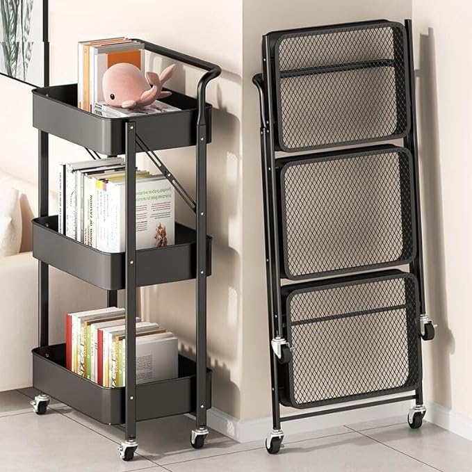 Storage Trolley Cart, 3 Tier Foldable Metal Rolling Organizer Cart with Casters, Mobile Utility Service Cart for Kitchen Bathroom Office Laundry (Black)