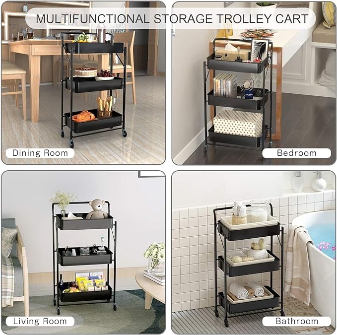 Storage Trolley Cart, 3 Tier Foldable Metal Rolling Organizer Cart with Casters, Mobile Utility Service Cart for Kitchen Bathroom Office Laundry (Black)